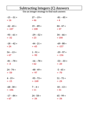 Subtracting Integers Worksheet – Mixed Integer Practice

