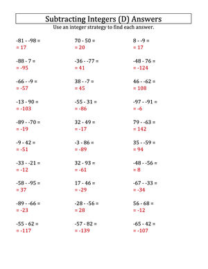 Integer Subtraction Practice: Range -99 to 99