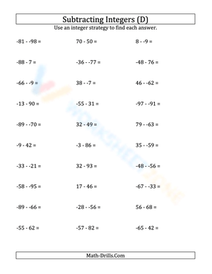 Integer Subtraction Practice: Range -99 to 99