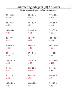 Integer Subtraction: Range -99 to 99 Practice