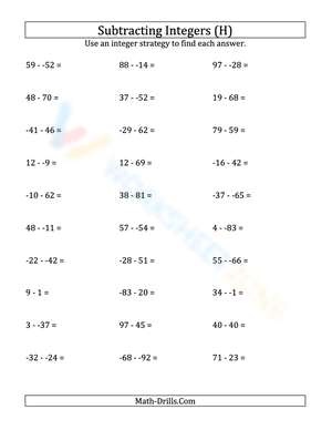 Integer Subtraction: Range -99 to 99 Practice