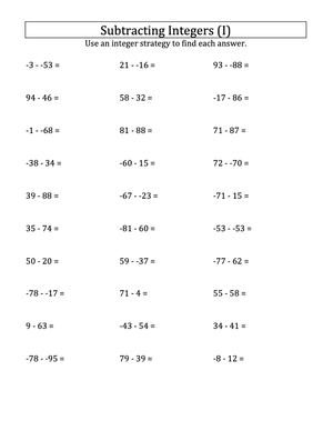 Integer Subtraction Practice (99 to -99) No Parentheses