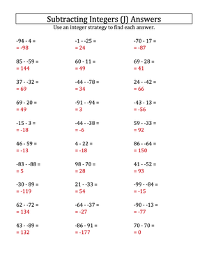 Integer Subtraction Worksheet: 99 to -99, No Parentheses