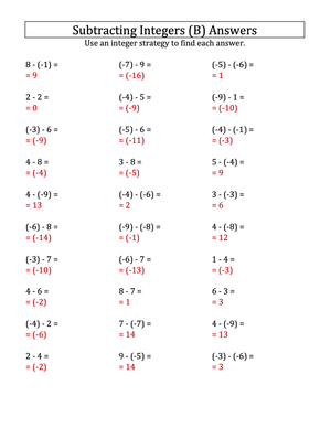 Negative Integer Subtraction: -9 to 9 Practice