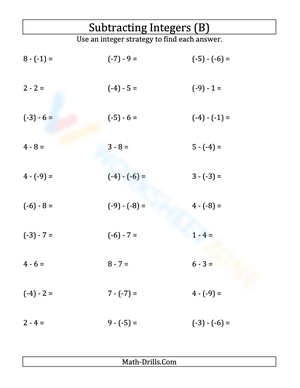 Negative Integer Subtraction: -9 to 9 Practice