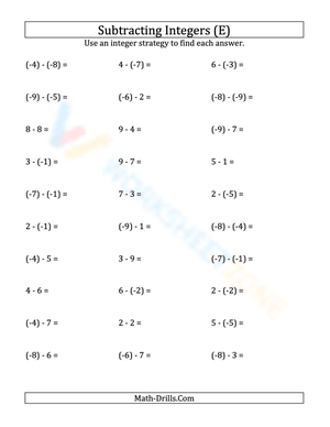 Negative Integer Subtraction -9 to 9 Now