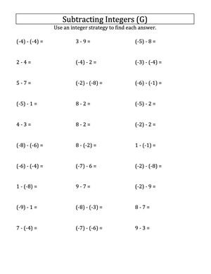 Negative Integer Subtraction -9 to 9 Sheet