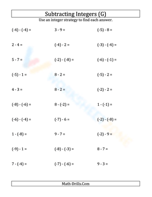 Negative Integer Subtraction -9 to 9 Sheet