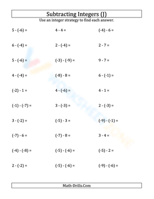 Subtracting Negative Integers Practice (-9 to 9)