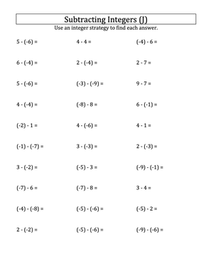 Subtracting Negative Integers Practice (-9 to 9)