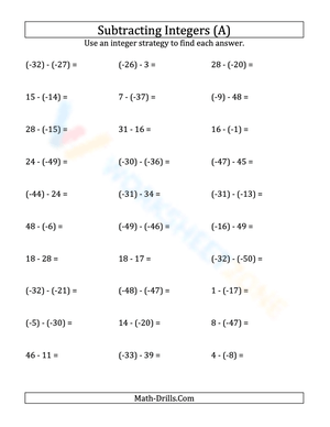 Subtracting Positive and Negative Integers Practice Worksheet