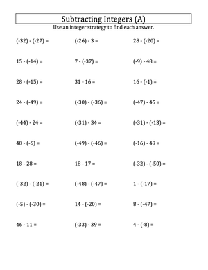 Subtracting Positive and Negative Integers Practice Worksheet