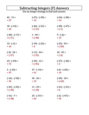 Negative Integers Subtraction (-50 to 50) Practice