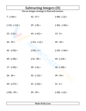 Subtracting Negative Integers (-50 to 50)