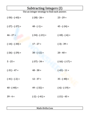 Subtracting Negative Integers with Parentheses (-50 to 50)