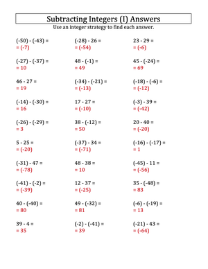 Subtracting Negative Integers with Parentheses (-50 to 50)