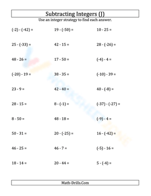 Practice Subtracting Negative Integers (-50 to 50)