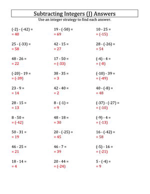 Practice Subtracting Negative Integers (-50 to 50)