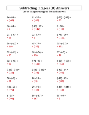 Negative Integer Subtraction Practice (-99 to 99)