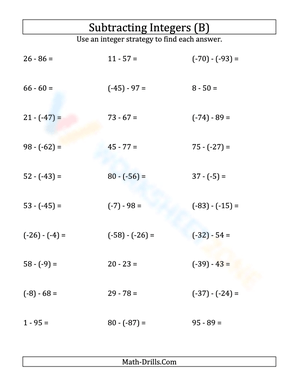 Negative Integer Subtraction Practice (-99 to 99)