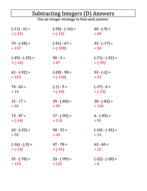 Practice Subtraction of Negative Integers with Parentheses (-99 to 99)
