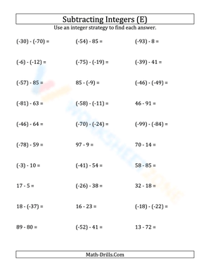 Practice Subtracting Negative Integers (-99 to 99)
