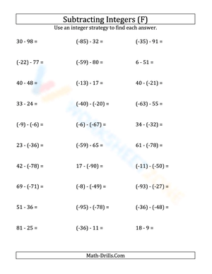 Subtract Negative Integers Worksheet (-99 to 99)