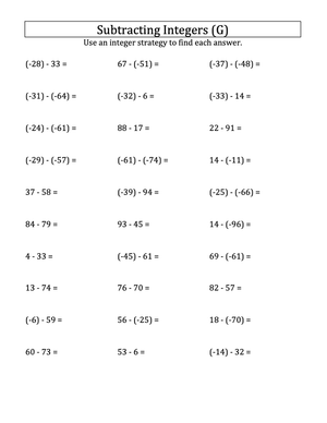 Worksheet: Subtracting Negative Integers (-99 to 99) with Parentheses