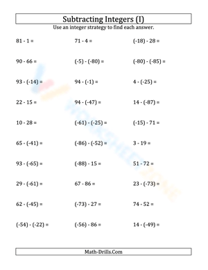 Practice: Subtracting Negative Integers (-99 to 99)