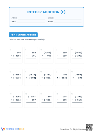 Essential Grade 5 Integer Addition Worksheet | Printable