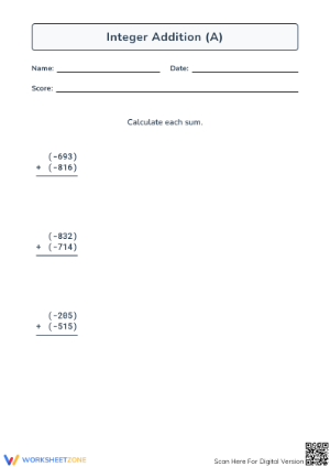 Printable 3-Digit Negative Integer Addition | Grade 5 Math