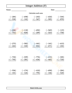 Printable 3-Digit Negative Integer Addition | Grade 5