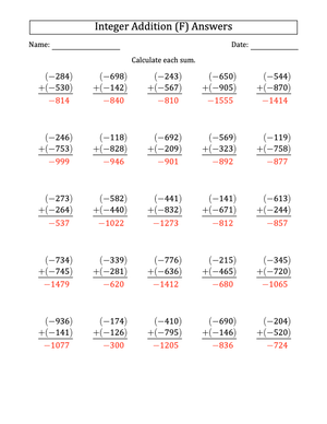 Printable 3-Digit Negative Integer Addition | Grade 5