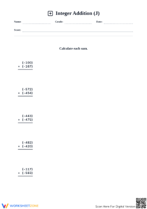 Essential Grade 7: 3-Digit Negative Integer Addition Worksheet