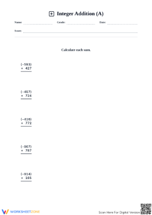 3-Digit Integer Addition Worksheet | Grade 5 Essential