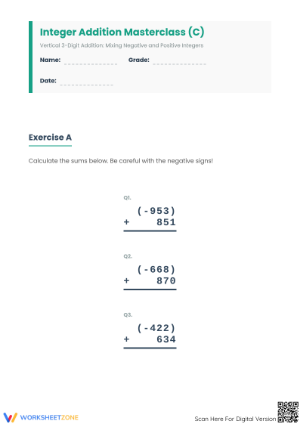 Printable Integer Addition Worksheet | Grade 5 Math