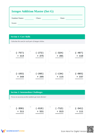 Essential 3-Digit Integer Vertical Addition Worksheet Grade 7