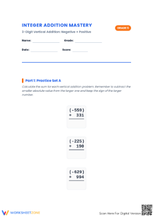 Essential 3-Digit Integer Addition Worksheet | Grade 5 Math