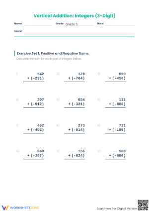 Printable 3-Digit Integer Addition Worksheet | Grade 5 Math