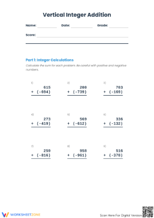 Vertical Integer Addition Worksheet | Grade 5 Essential