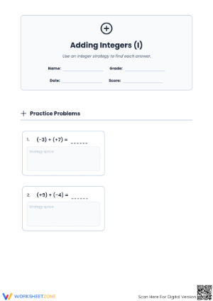 Printable Adding Integers Worksheet | Grade 5 Math