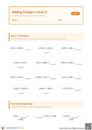 Printable Grade 5 Adding Integers Worksheet | Level 2