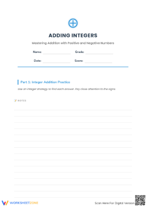 Essential Grade 5 Integers Addition Aligned Worksheet
