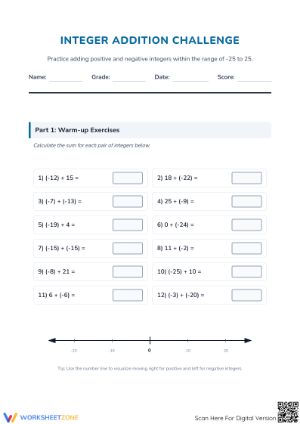 Essential Integer Addition Worksheet | Grade 5 Math