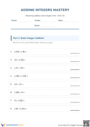 Integers Addition Mastery Worksheet | Grade 5 Essential