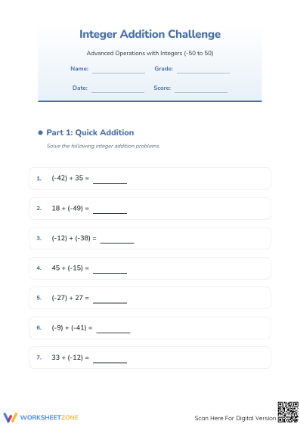 Printable Grade 5 Integer Addition Math Worksheet