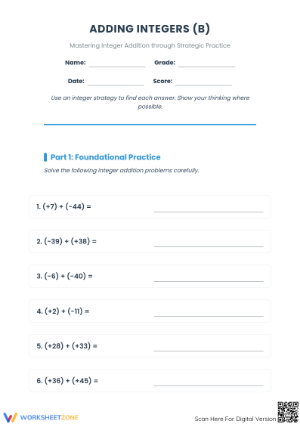 Printable Integers Addition Worksheet | Grade 5 Math
