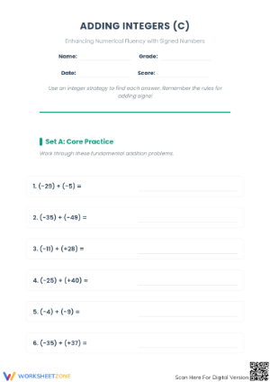 Grade 5 Adding Integers — Printable No-Prep Worksheet