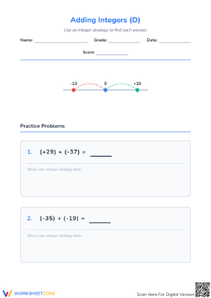 Essential Adding Integers Worksheet | Grade 5 Math