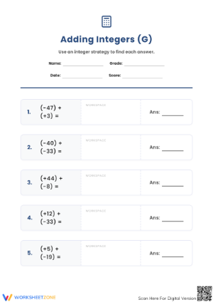 Printable Adding Integers Worksheet | Grade 5 Essential